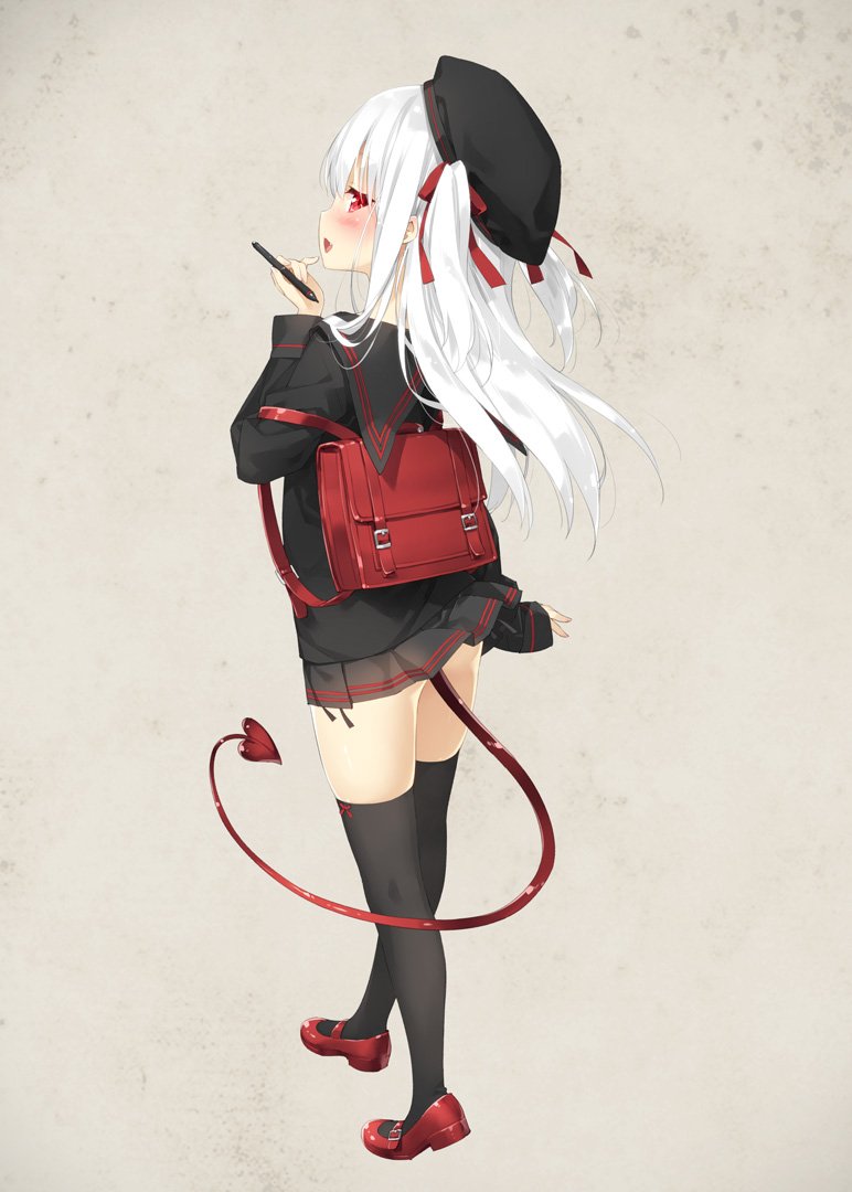 1girl, aloe_(quiz_magic_academy), backpack, bag, black_hat, black_legwear, black_serafuku, black_skirt