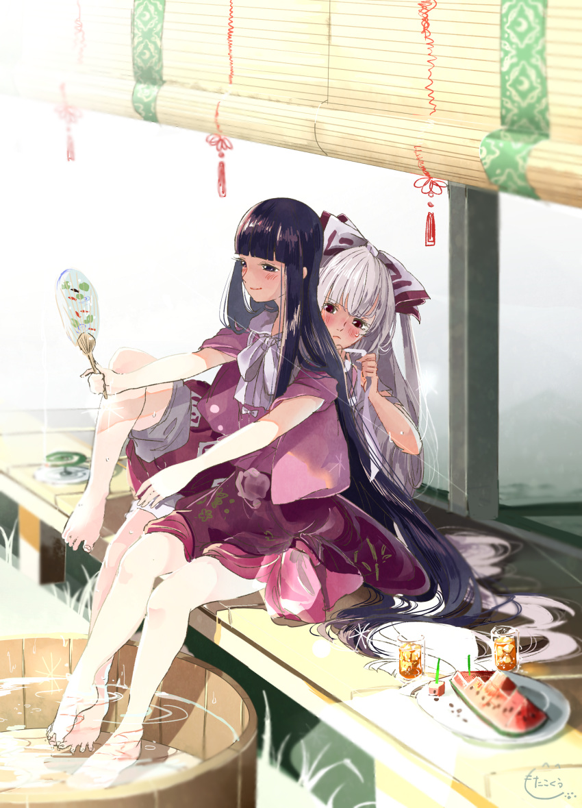 2girls, barefoot, black_hair, blinds, blush, dress, fan, food