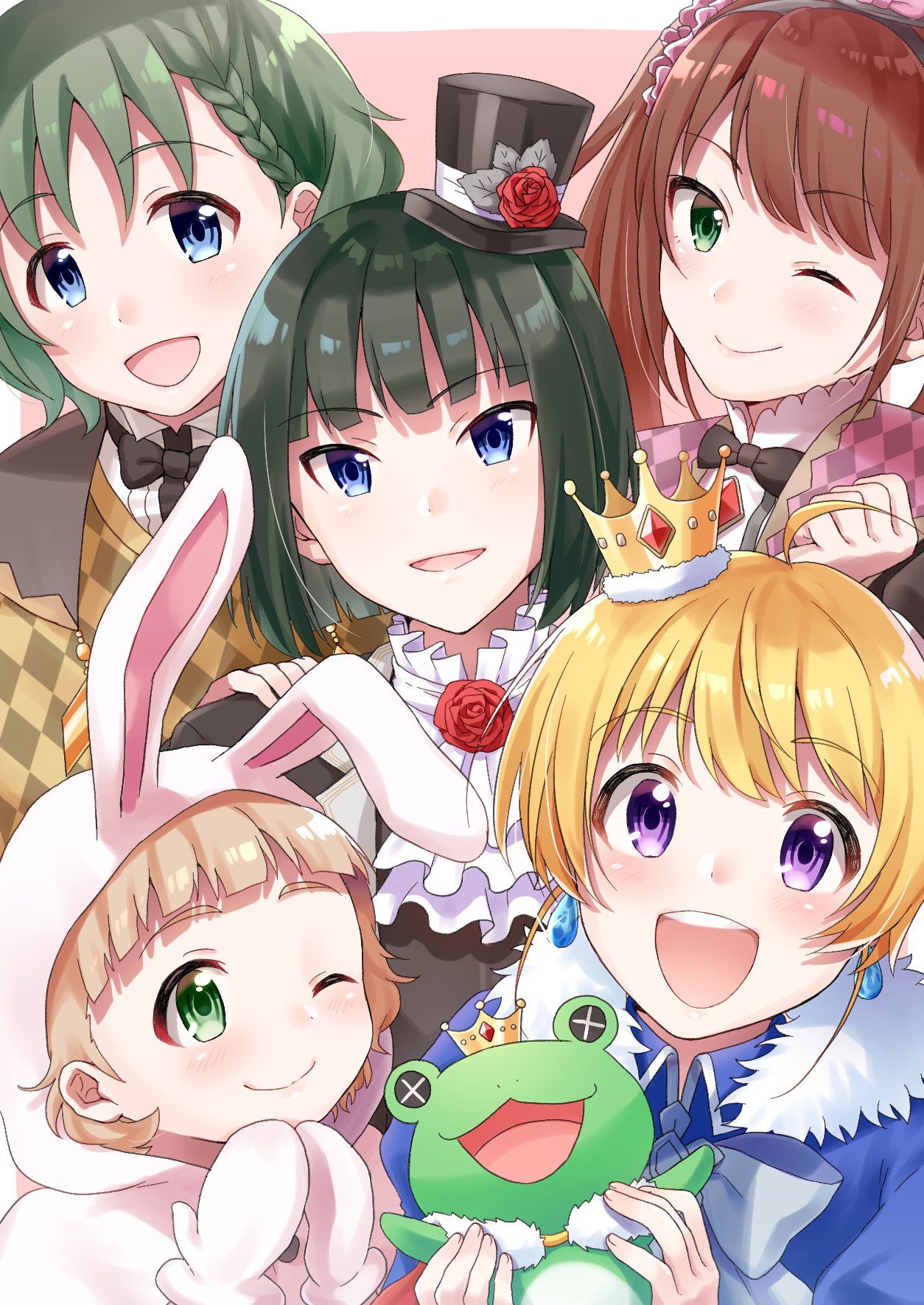 5boys, :d, ;), apron, blonde_hair, bob_cut, braid, earrings, green_eyes, hat, highres, himeno_kanon, idolmaster, idolmaster_side-m, jewelry, kaeru_(idolmaster), kagura_rei, maid, maid_apron, male_focus, mini_hat, mittens, mizushima_saki, multiple_boys, one_eye_closed, open_mouth, pierre_(idolmaster), pink_background, simple_background, smile, stuffed_animal, stuffed_frog, stuffed_toy, trap, upper_body, uzuki_makio, violet_eyes