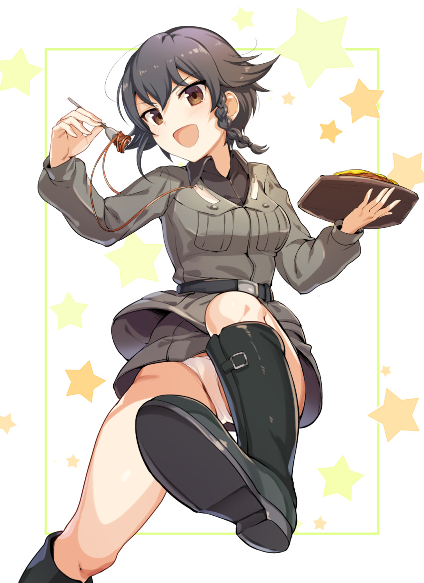 1girl, anzio_military_uniform, belt, black_hair, black_shirt, boots, braid, brown_eyes