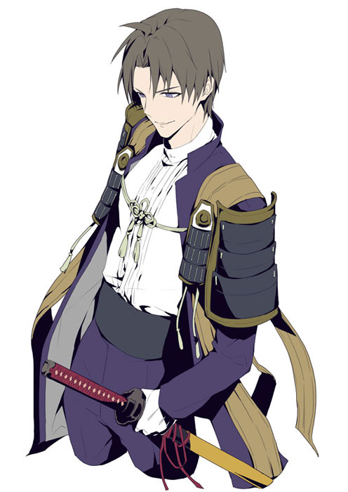 1boy, armor, brown_hair, cropped_legs, gloves, heshikiri_hasebe, japanese_armor, katana