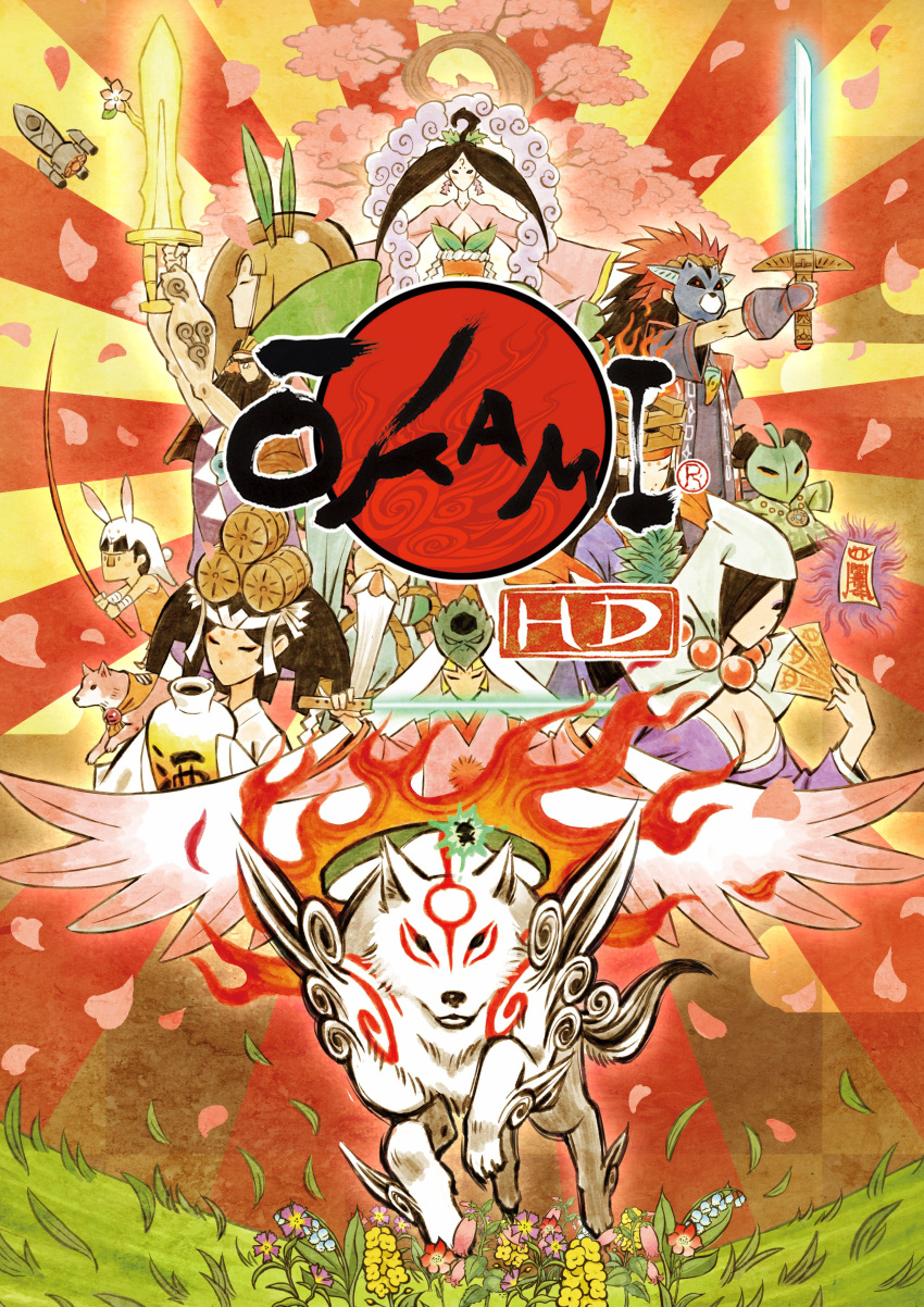 6+boys, 6+girls, absurdres, amaterasu, beard, breasts, capcom, cherry_blossoms