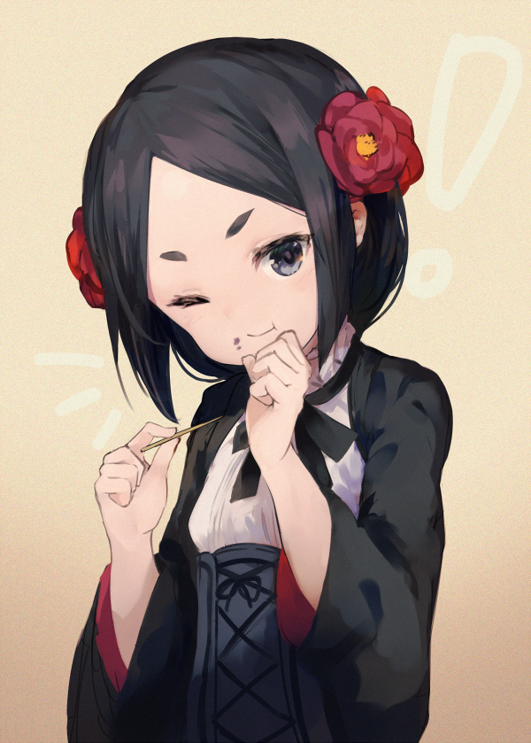 !, 1girl, black_hair, blouse, blush, camellia, closed_mouth, corset