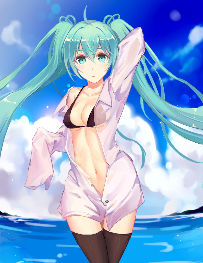 1girl, absurdres, ahoge, araragikoyomis, arm_behind_head, black_bikini_top, black_legwear, blue_eyes