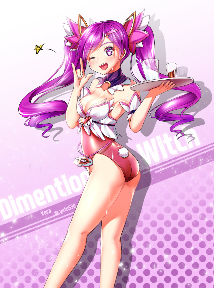 1girl, ;d, aisha_(elsword), arm_strap, artist_name, ass, breasts, bunny_tail