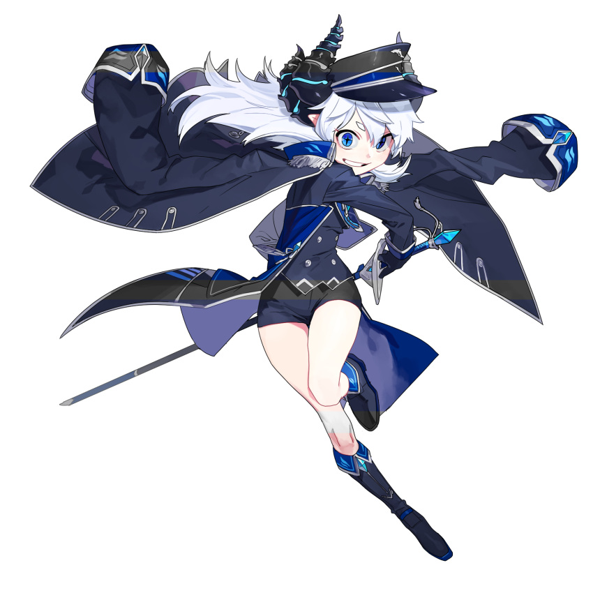 1girl, black_boots, black_cape, black_gloves, black_hat, black_shorts, blue_eyes, boots, cape, elsword, floating_hair, full_body, gloves, grin, hair_between_eyes, hat, highres, holding, holding_sword, holding_weapon, horns, knee_boots, long_hair, luciela_r._sourcream, military_hat, one_leg_raised, pointy_ears, short_shorts, shorts, silver_hair, smile, solo, sword, transparent_background, tsuji_(ksi03164), visor_cap, weapon