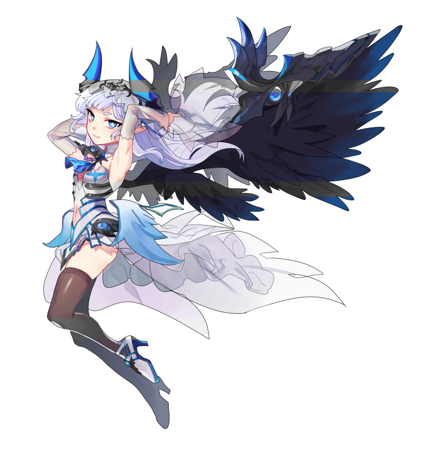 1girl, armpits, black_legwear, blue_eyes, detached_sleeves, diadem, elsword, floating_hair
