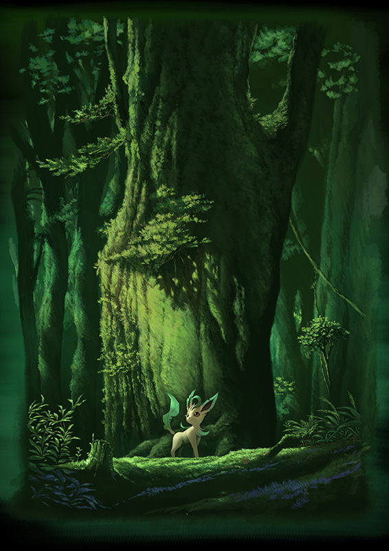 atelier_pocket, day, fallen_tree, forest, grass, leaf, leafeon, looking_up