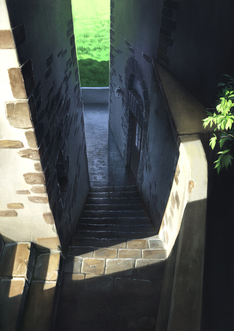 alley, atelier_pocket, day, door, grass, highres, lantern, no_humans
