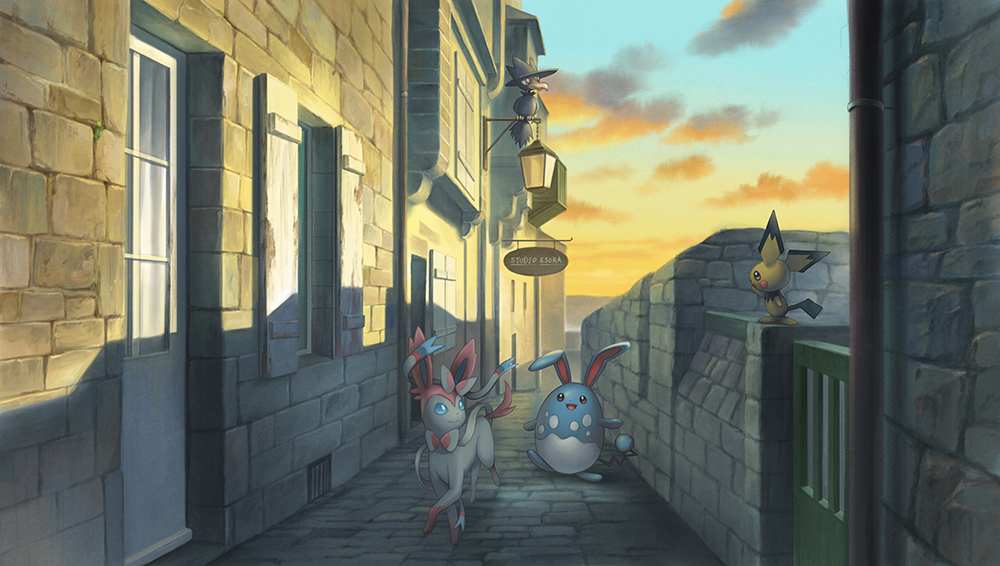 alley, atelier_pocket, azumarill, building, city, clouds, cloudy_sky, commentary_request