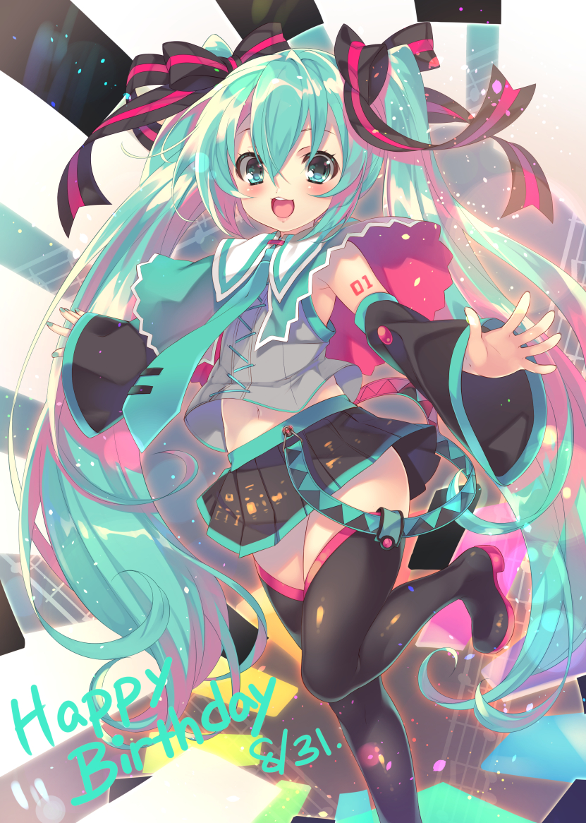 1girl, :d, aqua_eyes, aqua_hair, aqua_nails, aqua_necktie, black_boots, black_legwear