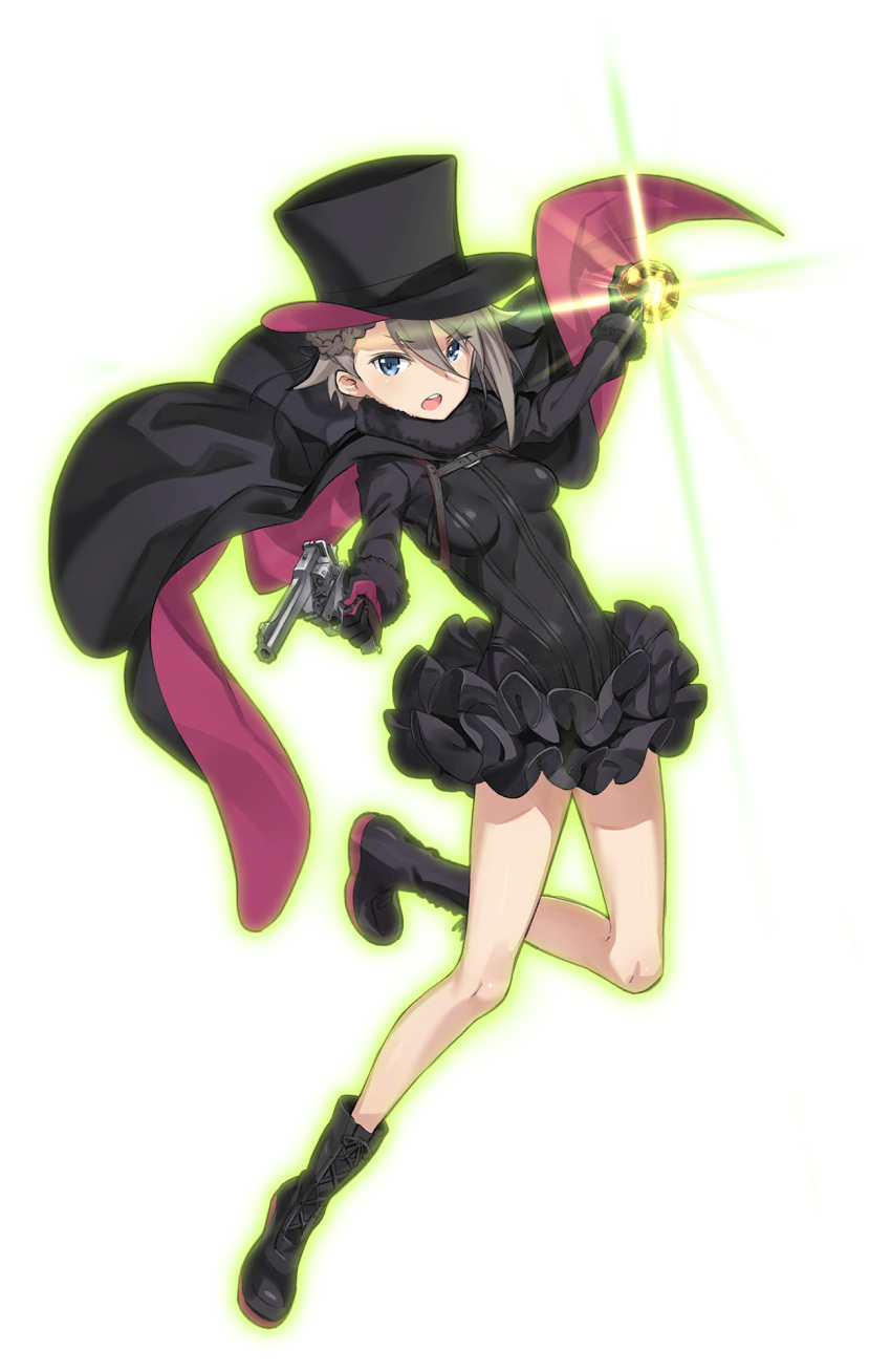 >:o, 1girl, :o, ange_(princess_principal), aura, black_boots, black_gloves, black_hat