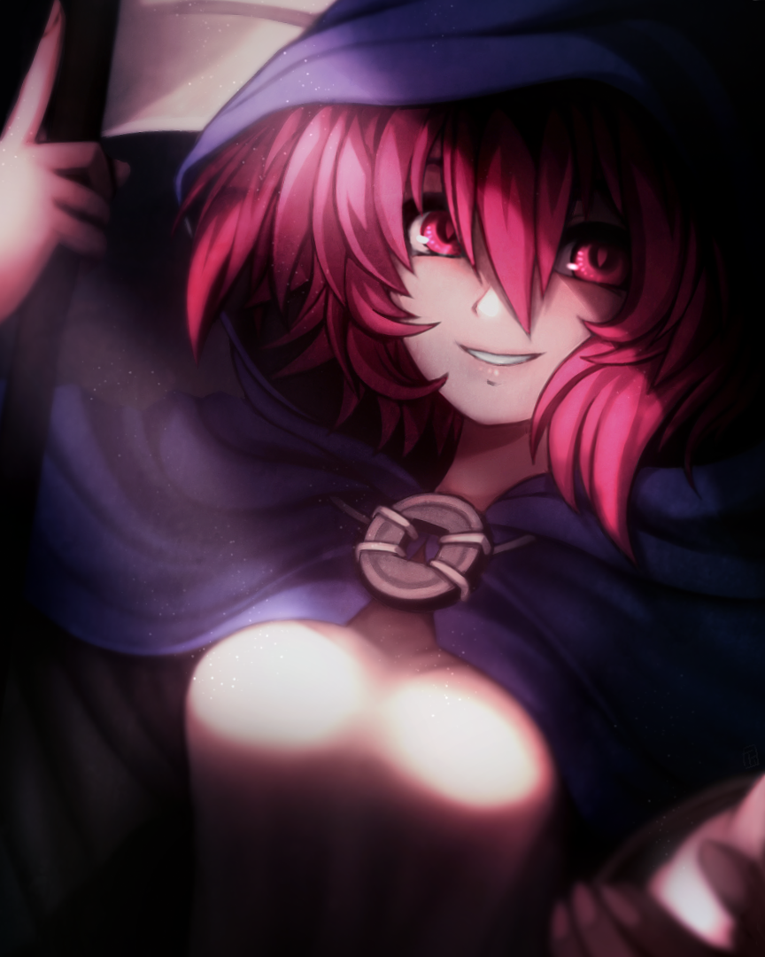 1girl, blurry, breasts, cape, depth_of_field, fixelcat, holding, holding_weapon