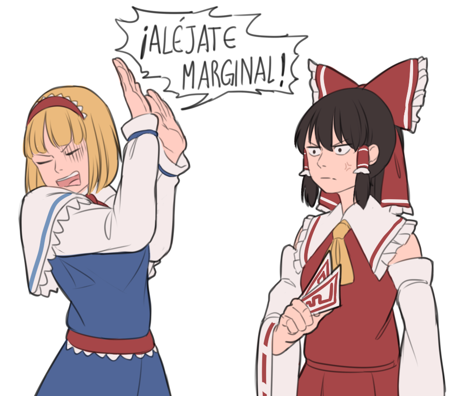 2girls, alice_margatroid, anger_vein, arms_up, ascot, black_hair, blue_dress, bow, capelet, closed_eyes, constricted_pupils, detached_sleeves, dress, frown, hair_bow, hair_tubes, hakurei_reimu, headband, jitome, maria_la_del_barrio, mefomefo, multiple_girls, ofuda, open_mouth, parody, red_dress, rejection, short_hair, soap_opera, soraya_montenegro, spanish, touhou