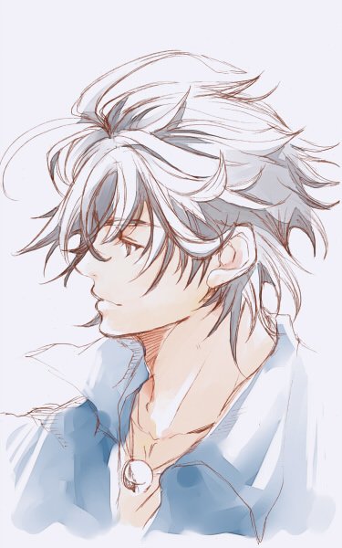 1boy, aldo_(another_eden), another_eden, black_hair, blue_eyes, collar, grey_background, jewelry