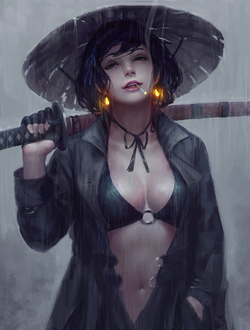 1girl, absurdres, black_bikini_top, black_hair, black_jacket, blue_eyes, breasts, breasts_apart, cigarette, commentary, earrings, glowing_earrings, guweiz, hand_in_pocket, hat, head_tilt, highres, holding, holding_sword, holding_weapon, jacket, jewelry, katana, long_sleeves, looking_at_viewer, medium_breasts, mouth_hold, navel, open_clothes, open_jacket, original, parted_lips, rain, sheath, sheathed, short_hair, smoke, solo, sword, weapon, wet