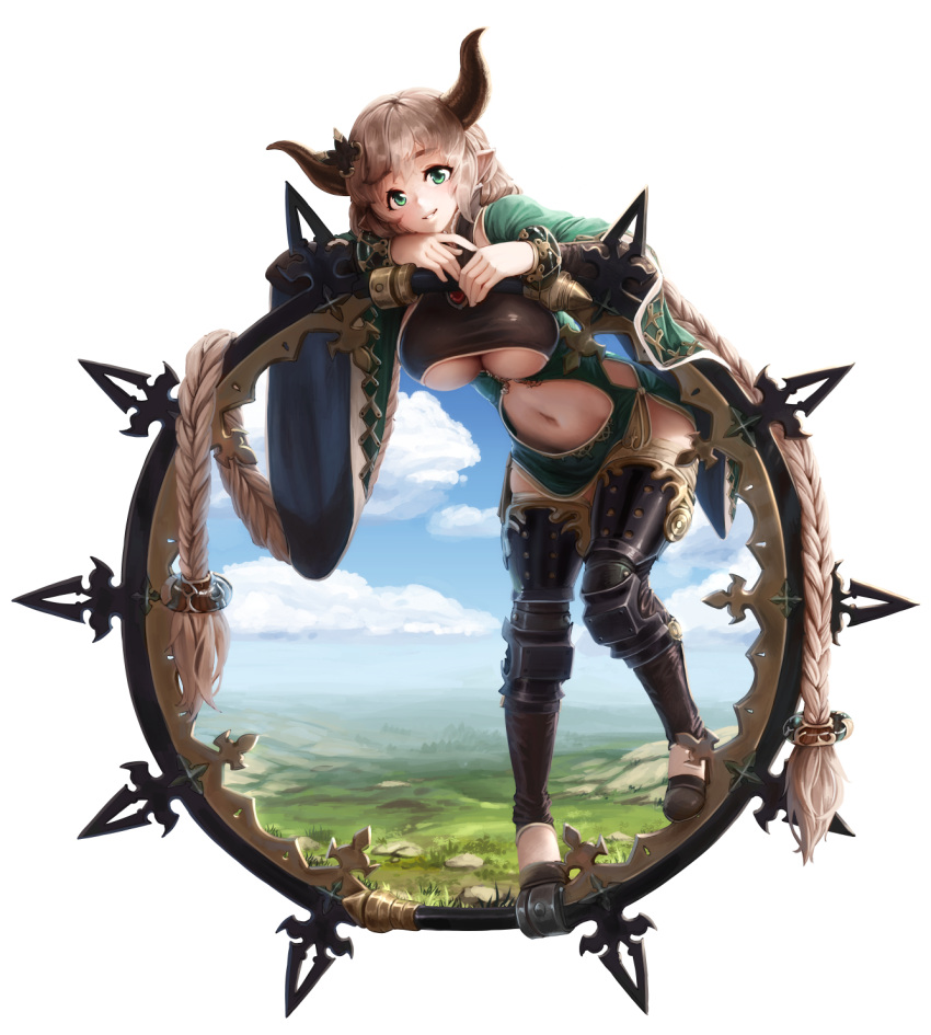 1girl, barbariank, bracelet, braid, breasts, brown_hair, carmelina_(granblue_fantasy), doraf