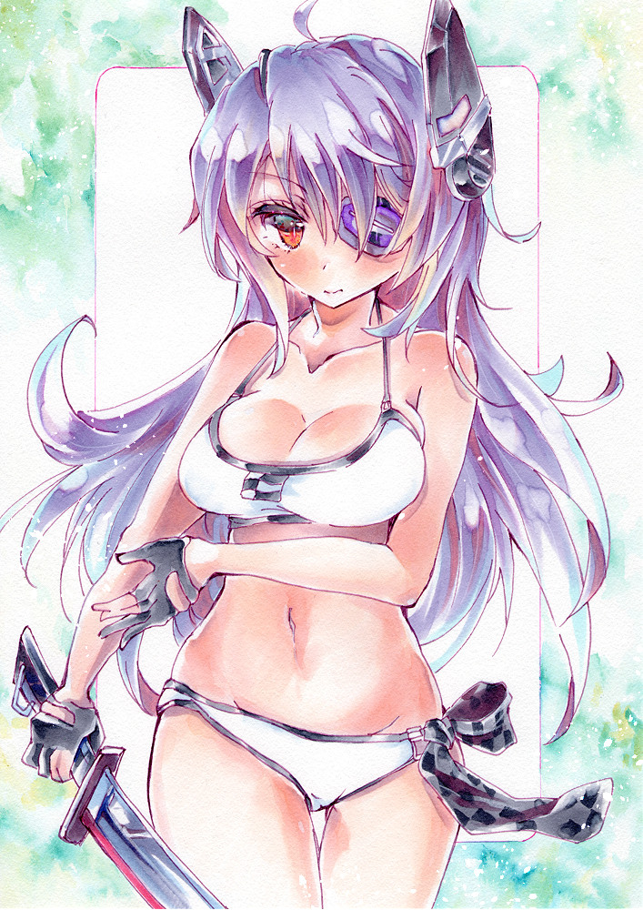 1girl, ahoge, alternate_hair_length, alternate_hairstyle, bikini, blush, breasts, checkered, checkered_necktie, cleavage, eyepatch, gloves, groin, headgear, kantai_collection, long_hair, looking_at_viewer, meguri_uguisu, midriff, navel, necktie, necktie_removed, partly_fingerless_gloves, purple_hair, red_eyes, solo, swimsuit, sword, tenryuu_(kantai_collection), traditional_media, weapon, white_bikini