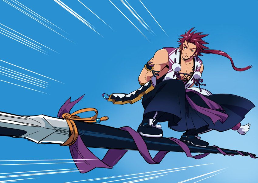 1boy, arms_behind_back, blue_sky, dragon_ball, emphasis_lines, hakama, japanese_clothes, long_hair