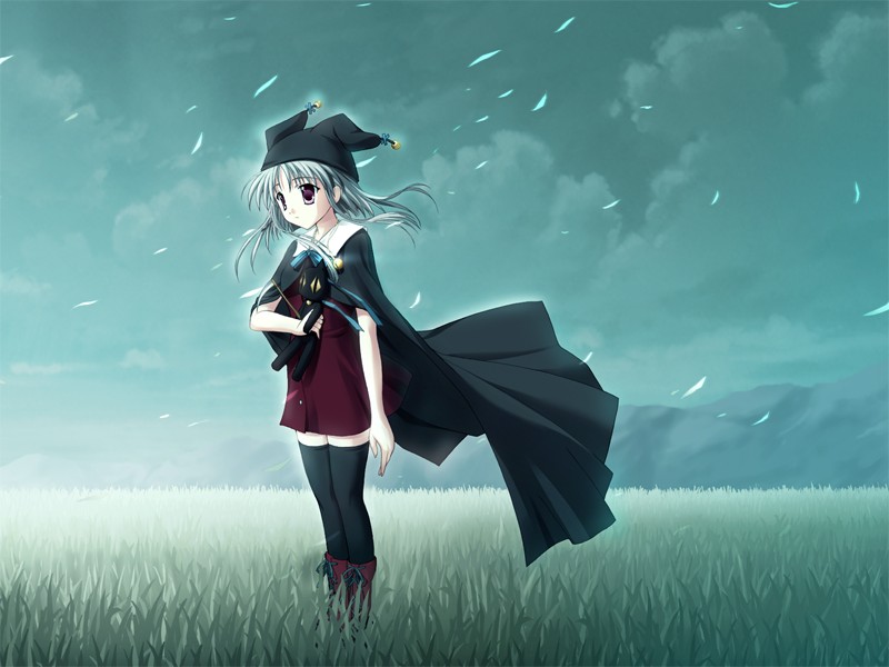 bell, cat_cap, clouds, coat, dress, game_cg, grass, long_hair