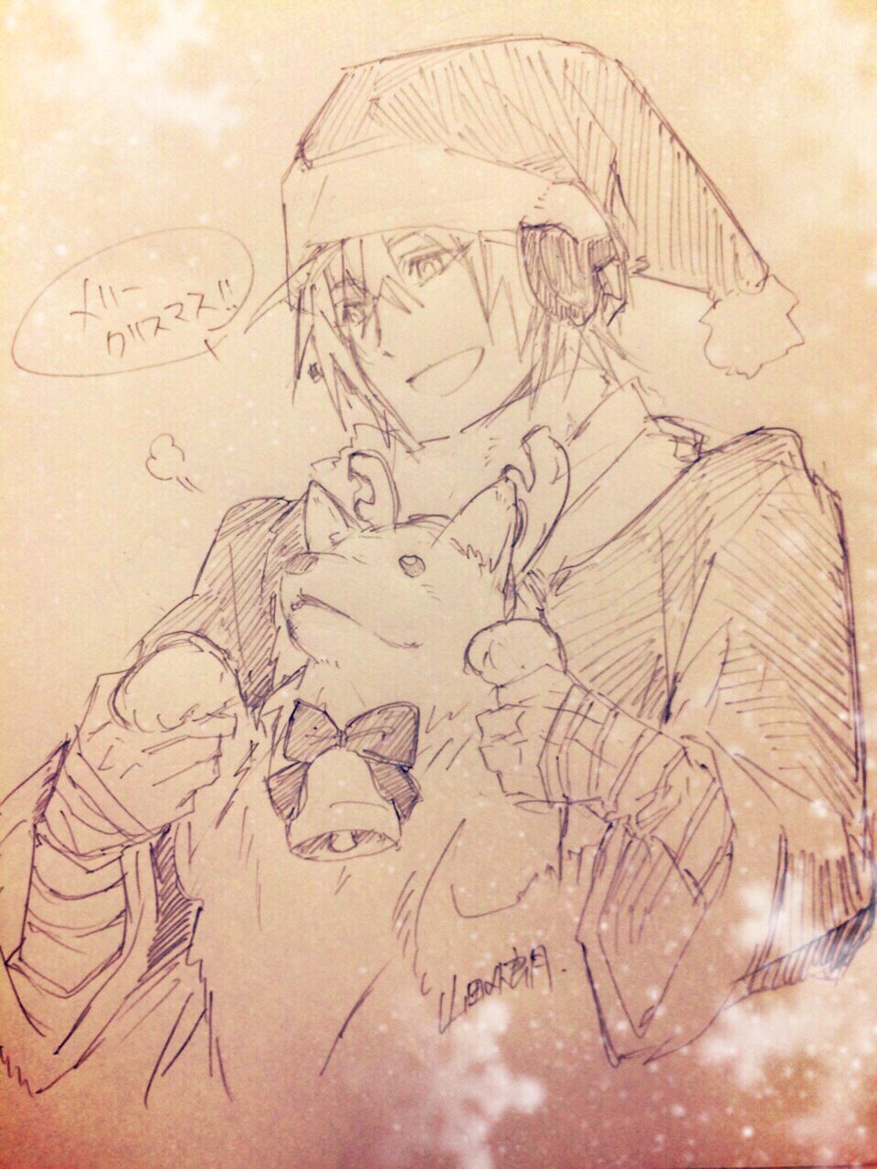 1boy, bell, christmas, dog, gloves, graphite_(medium), hat, headphones