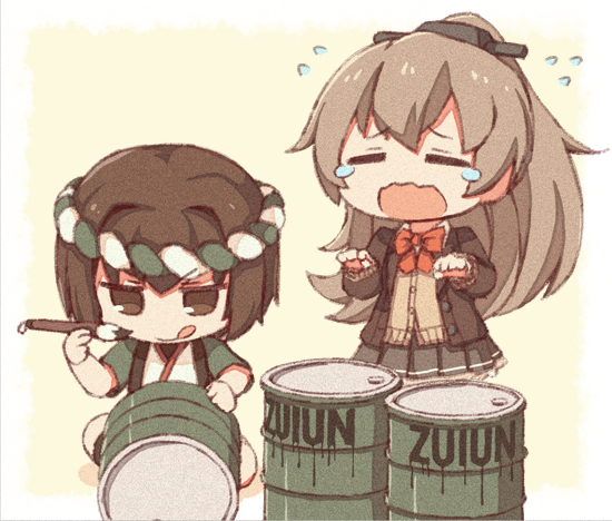 2girls, brown_eyes, brown_hair, closed_eyes, commentary_request, crying, drum_(container), e16a_zuiun