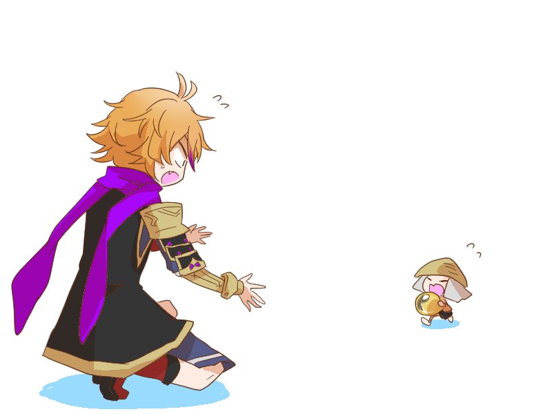 2boys, ajirogasa, chibi, fang, gotou_toushirou, hat, kiwame_(touken_ranbu), light_infantry_(touken_ranbu), male_focus, multicolored_hair, multiple_boys, one_knee, orange_hair, orb, outstretched_arms, running, scarf, short_hair, streaked_hair, touken_ranbu, tousou_(touken_ranbu)