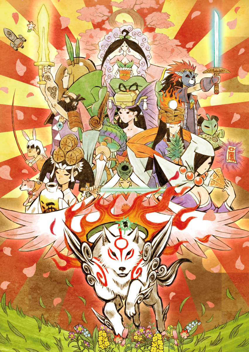 6+boys, 6+girls, absurdres, amaterasu, beard, breasts, capcom, cherry_blossoms