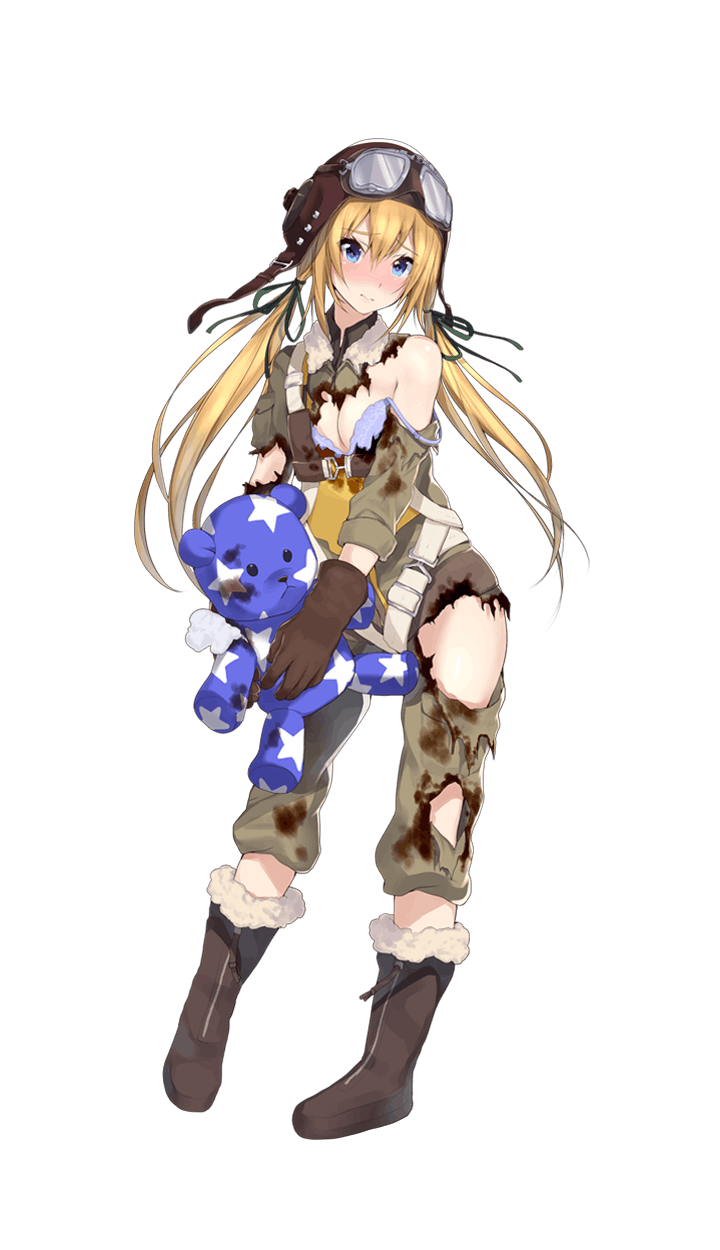 1girl, aviator_cap, biturba_urbanobna, blonde_hair, blue_eyes, blush, bra, formation_girls, highres, long_hair, matarou_(genkai_toppa), military, military_uniform, official_art, solo, stuffed_animal, stuffed_toy, teddy_bear, torn_clothes, twintails, underwear, uniform