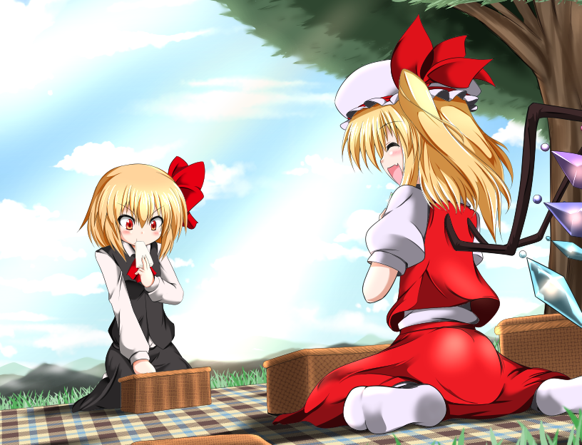2girls, black_skirt, black_vest, blanket, blonde_hair, blue_sky, checkered_blanket, closed_eyes, day, dutch_angle, eating, fang, flandre_scarlet, food, food_in_mouth, from_behind, grass, hagami495, hair_ribbon, hat, hat_ribbon, long_sleeves, looking_down, mob_cap, mountain, multiple_girls, no_shoes, open_mouth, outdoors, picnic, picnic_basket, puffy_short_sleeves, puffy_sleeves, red_eyes, red_skirt, red_vest, ribbon, rumia, sandwich, seiza, shirt, short_hair, short_sleeves, side_ponytail, sitting, skirt, sky, socks, touhou, tree, vest, wariza, white_legwear, white_shirt, wings