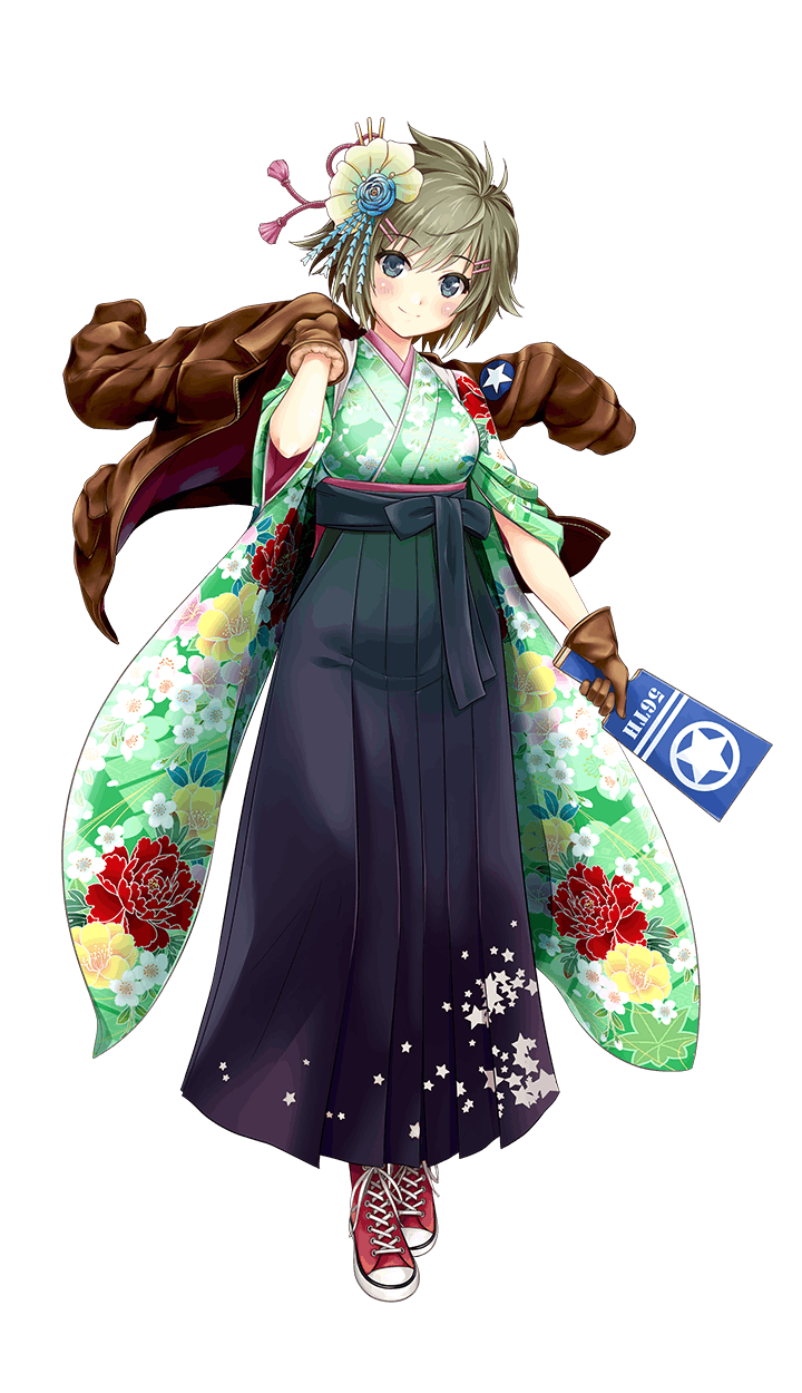 1girl, alternate_costume, blonde_hair, blue_eyes, bomber_jacket, flower, formation_girls, full_body