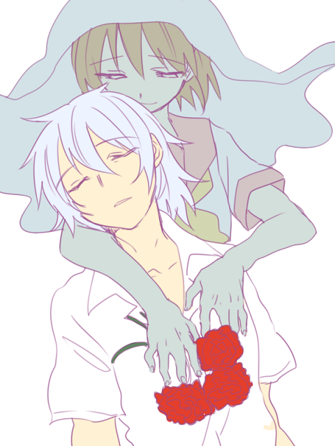 1boy, 1girl, albino, brown_eyes, brown_hair, closed_eyes, cross_channel, flower