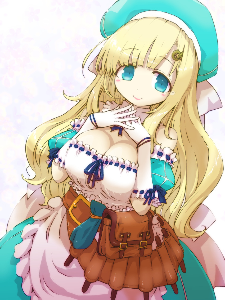 1girl, bare_shoulders, blonde_hair, blue_eyes, blush, breasts, cleavage, detached_collar