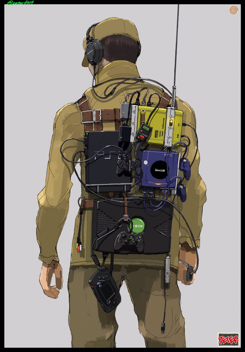 1boy, buckle, cable, commentary_request, controller, from_behind, game_console, game_controller