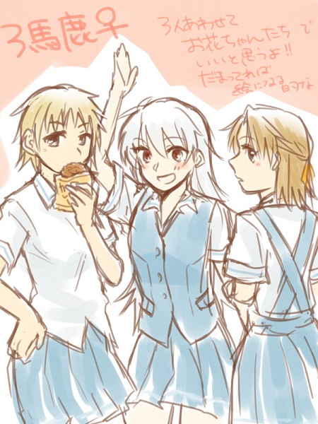 3girls, albino, blonde_hair, brown_hair, cross_channel, curry_bread, female, genderswap