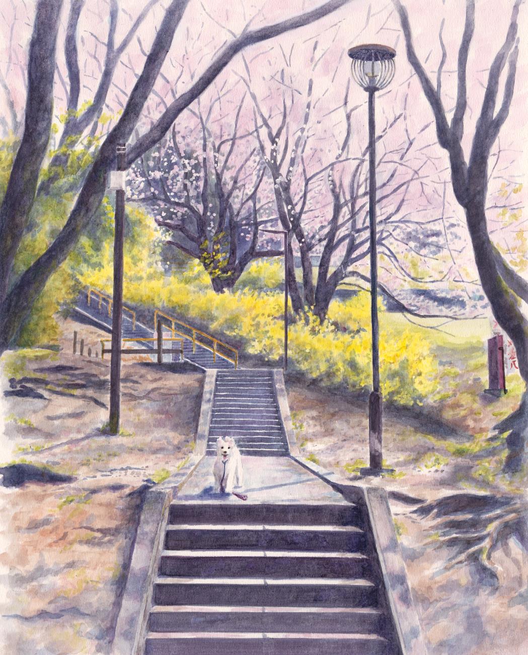 akashi_kaikyou, bare_tree, calligraphy_brush_(medium), cherry_blossoms, dog, highres, lamppost, leash