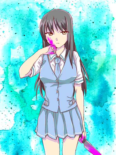 1girl, black_hair, blood, blood_on_face, bloody_clothes, brown_eyes, cross_channel, expressionless