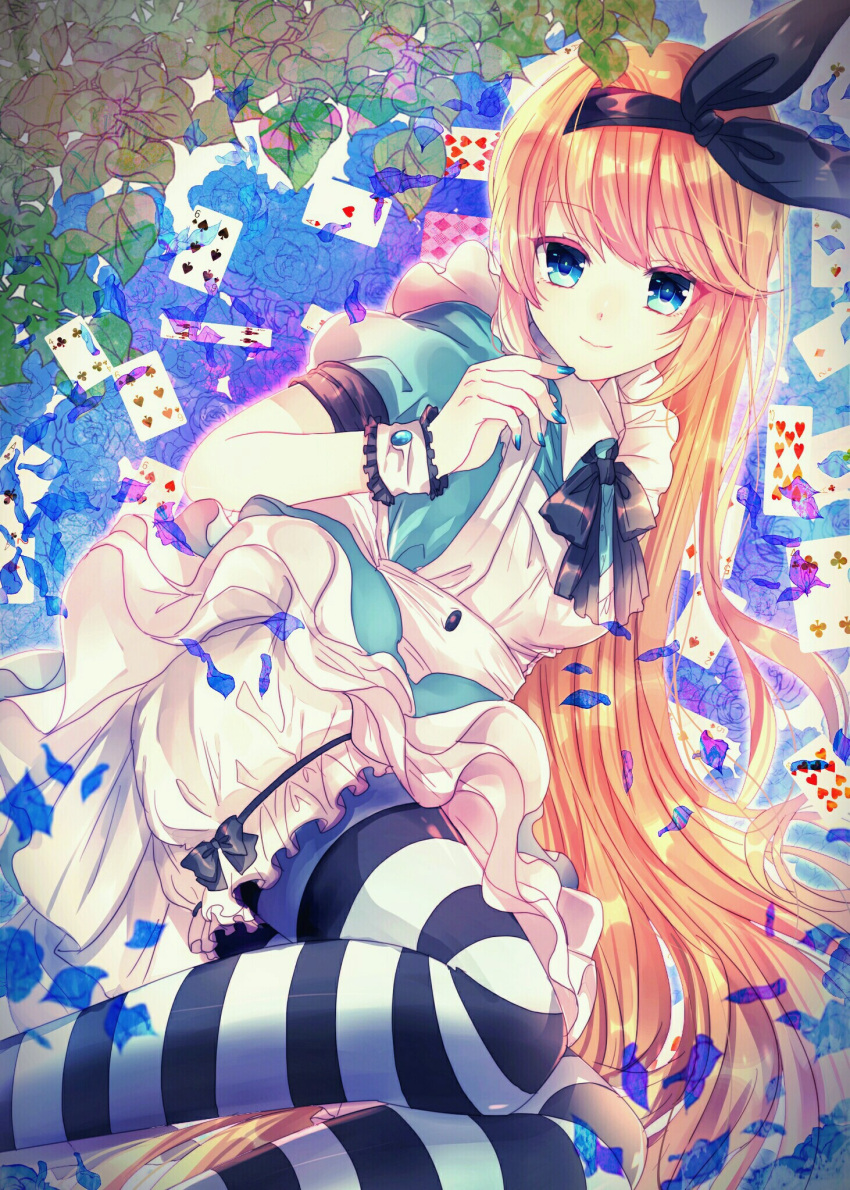 1girl, alice_(wonderland), alice_in_wonderland, bangs, black_bow, black_legwear, blonde_hair, bloomers