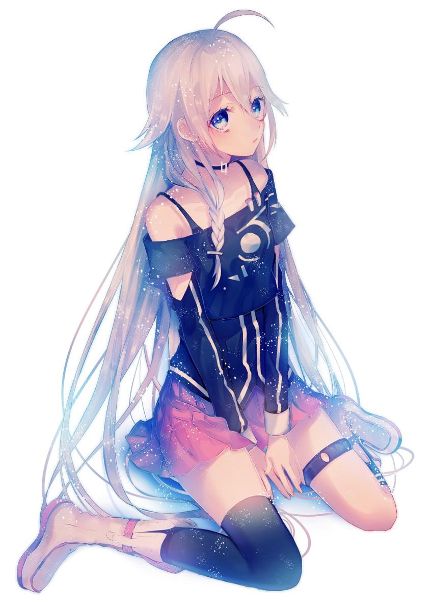 1girl, ahoge, bangs, bare_shoulders, black_legwear, black_shirt, blue_eyes, boots