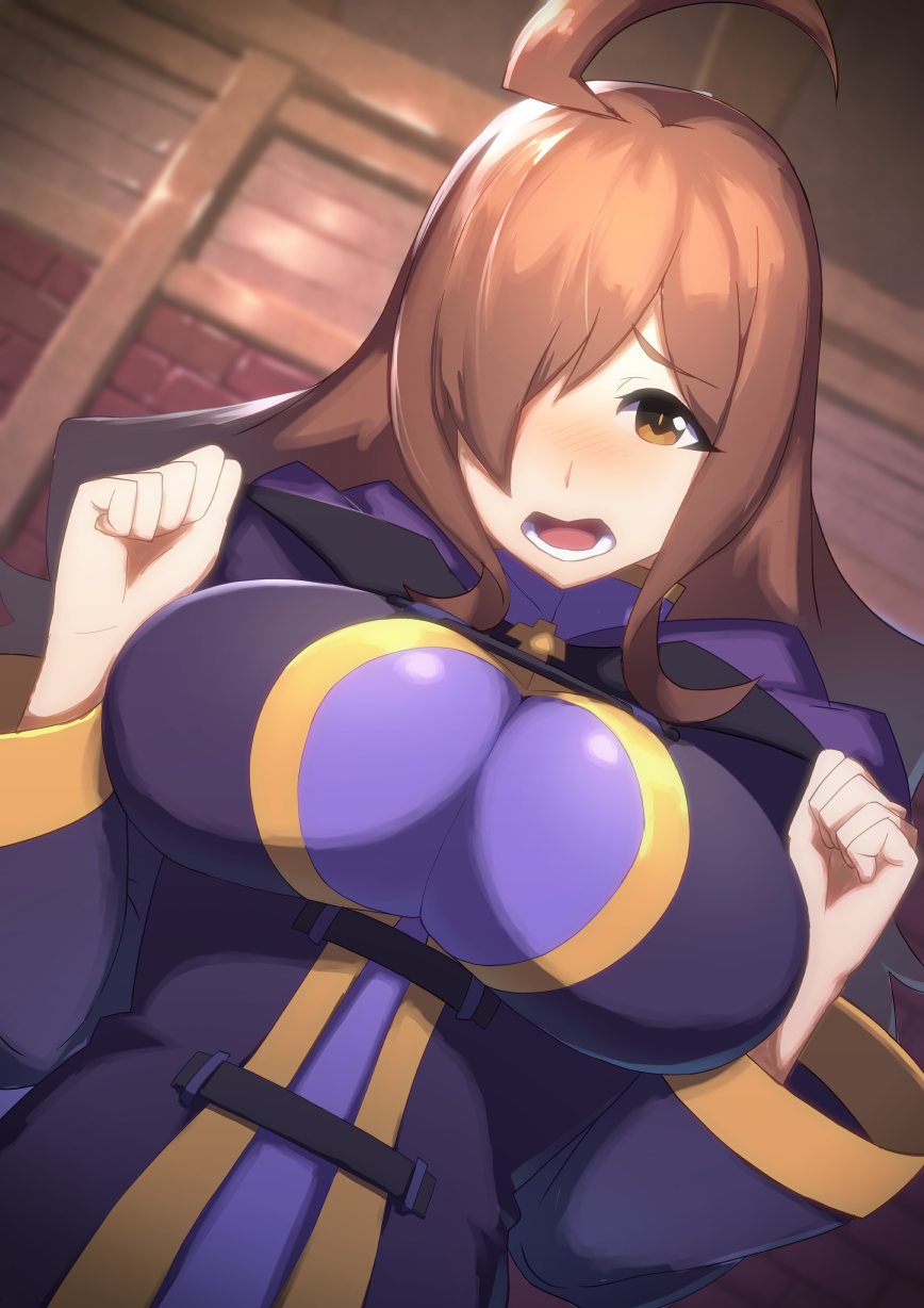 1girl, ahoge, blush, breasts, brick_wall, brown_hair, clenched_hands, dutch_angle, eyebrows_visible_through_hair, hair_over_one_eye, head_tilt, highres, kono_subarashii_sekai_ni_shukufuku_wo!, l_(laine), large_breasts, long_hair, long_sleeves, looking_at_viewer, nose_blush, open_mouth, solo, upper_body, wiz_(konosuba)