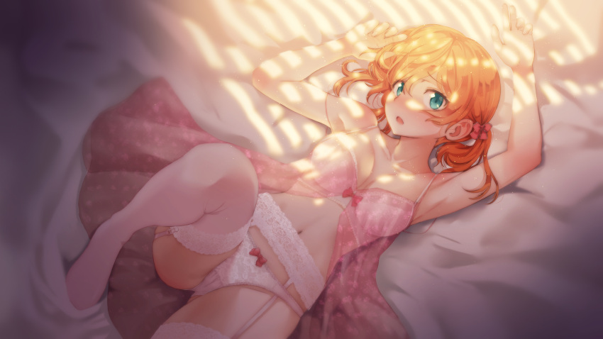 1girl, aqua_eyes, armpits, arms_up, babydoll, bed_sheet, blonde_hair, blush, bow, bow_panties, bra, breasts, garter_belt, garter_straps, highres, kantai_collection, lingerie, looking_at_viewer, low_twintails, lying, matsukawa_li, medium_breasts, navel, on_back, panties, parted_lips, prinz_eugen_(kantai_collection), solo, sunlight, thigh-highs, twintails, underwear, underwear_only, white_bra, white_legwear, white_panties