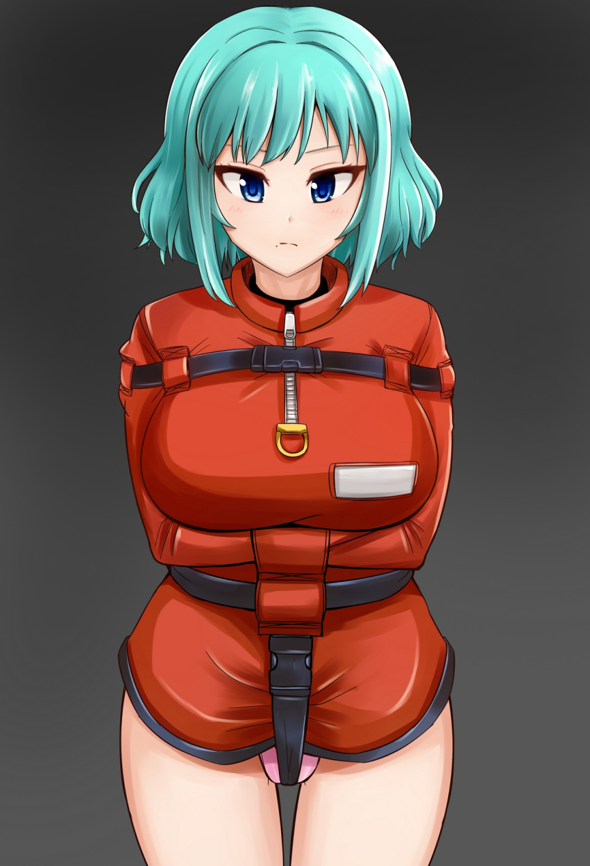 1girl, aqua_hair, belt, blue_eyes, bound, breasts, frown, grey_background
