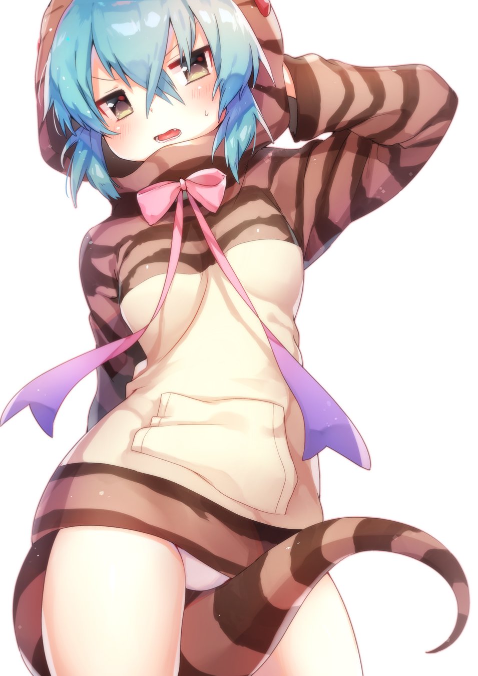 1girl, arare_mochiko, arm_behind_back, between_legs, blue_hair, breasts, brown_eyes, cowboy_shot