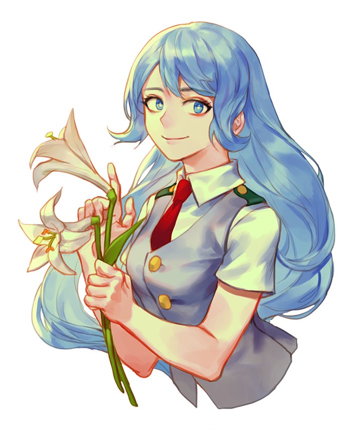 1girl, arm, bare_arms, blue_eyes, blue_hair, blue_vest, boku_no_hero_academia, closed_mouth, female, flower, hadou_nejire, hands, hands_up, highres, holding, holding_flower, index_finger_raised, lily_(flower), looking_at_viewer, matching_hair/eyes, neck, necktie, red_necktie, rke, school_uniform, shirt, short_sleeves, simple_background, smile, solo, very_long_hair, vest, white_background, white_flower, white_pupils