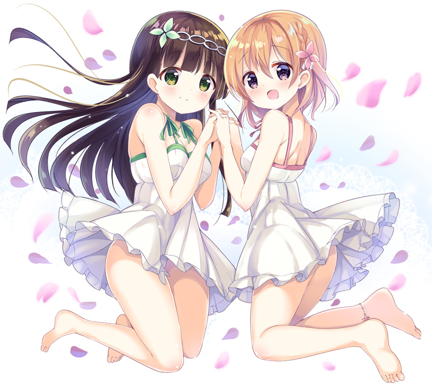 2girls, :d, ass, barefoot, blush, breasts, brown_hair, closed_mouth