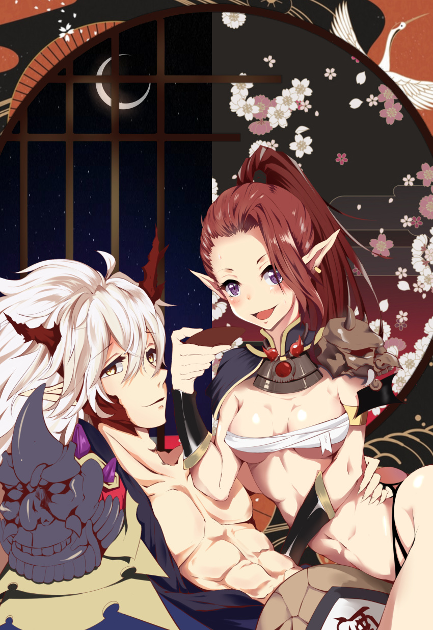 1boy, 1girl, abs, absurdres, arm_around_waist, armor, bracer, breasts, brown_eyes, brown_hair, crescent, croking, cup, demon_horns, earrings, floral_print, highres, horns, ibaraki_(onmyoji), jewelry, looking_at_viewer, medium_breasts, midriff, muscle, onmyoji, pointy_ears, sakazuki, shoulder_armor, violet_eyes, white_hair, window