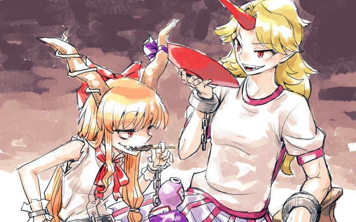 2girls, blonde_hair, brown_eyes, cuffs, cup, eating, gourd, grin