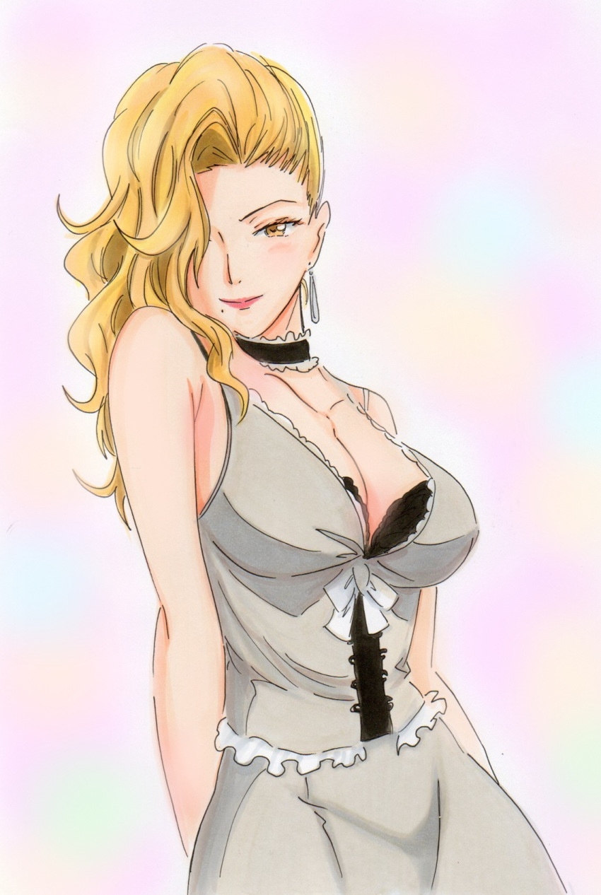 ballroom_e_youkoso, blonde_hair, breasts, choker, cleavage, earrings, hair_over_one_eye, highres