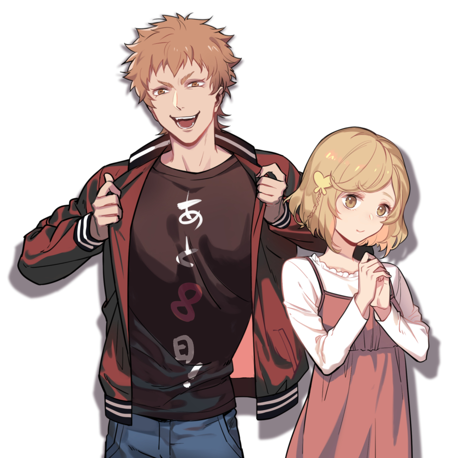 1boy, 1girl, 321wei, :d, akagi_gaju, akagi_mako, bad_proportions, ballroom_e_youkoso