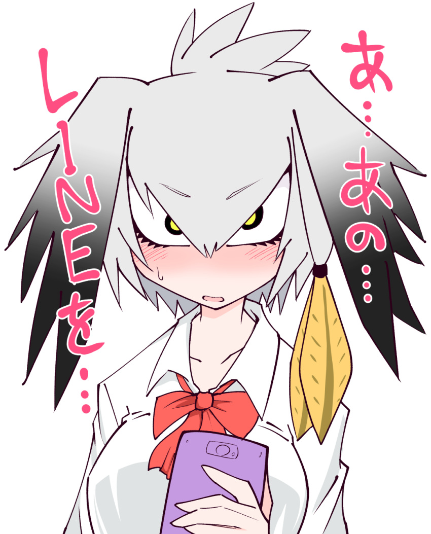 1girl, black_hair, blush, cellphone, eyebrows_visible_through_hair, grey_hair, head_wings, highres